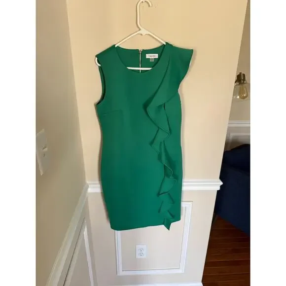 Green Preppy Ruffle Side Calvin Klein *HEMMED* Midi Length Dress Summer Formal - Picture 2 of 14